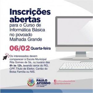 Prefeitura abre inscrições para curso de informática básica no povoado Malhada Grande