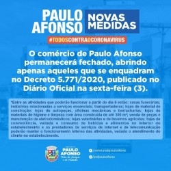 Comércio de Paulo Afonso permanecerá fechado abrindo apenas aqueles que se enquadram no Decreto 57712020
