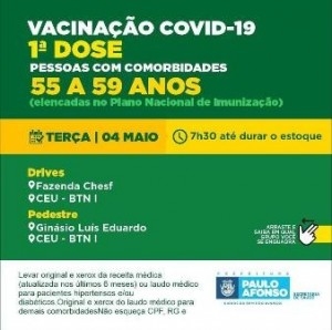Vacinação para pessoas com comorbidades de 55 a 59 anos acontece nesta terça 4