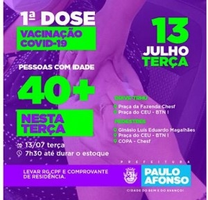 Prefeitura de Paulo Afonso Pessoas com 40+ poderão se vacinar nesta terça feira 13