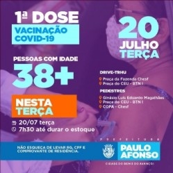 Pessoas com 38+ poderão se vacinar nesta terça feira 20