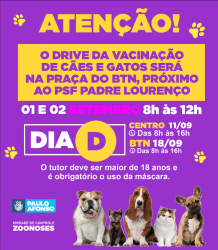 Drive da vacinação antirrábica no BTN acontece dias 1 e 2 de setembro