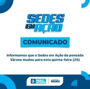 Mudança de data Projeto Sedes em Ação da Várzea será realizado nesta quinta feira 25