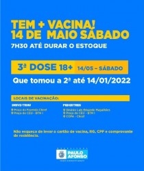 Neste sábado 14 tem vacinação de 3ª dose 18+