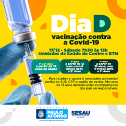 Neste sábado 17 tem Dia D da vacinação contra a Covid  19 para público a partir de 12 anos