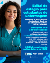 HNAS abre estágio para estudantes de Enfermagem do 5º ao 8º período para Comissão de Controle de Infecção Hospitalar