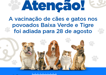 Vacinação de cães e gatos nos povoados Baixa Verde e Tigre é adiada para 28 de agosto