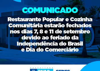 Restaurante Popular e Cozinha Comunitária estarão fechados de 7 a 11 de setembro divido ao feriado da Independência e Dia do Comerciário