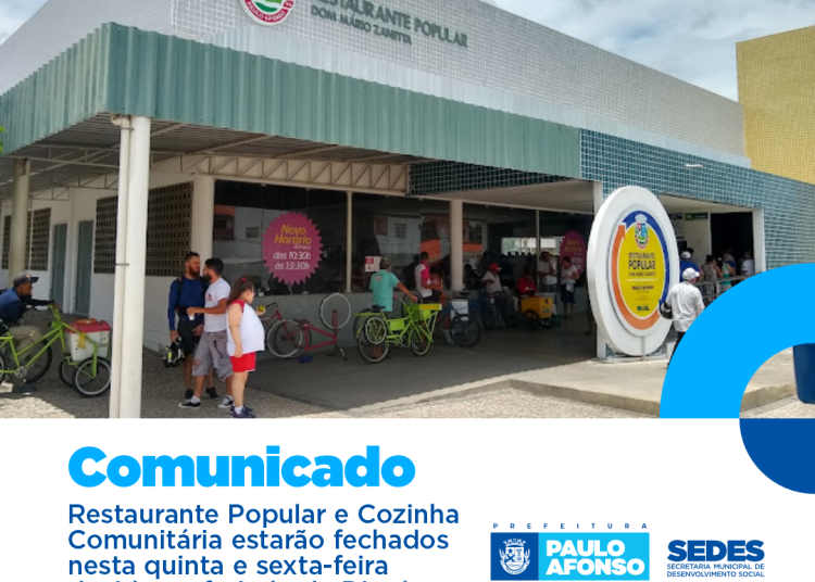 Restaurante Popular e Cozinha Comunitária estarão fechados nos dias 2 e 3 de novembro devido ao feriado de Dia de Finados