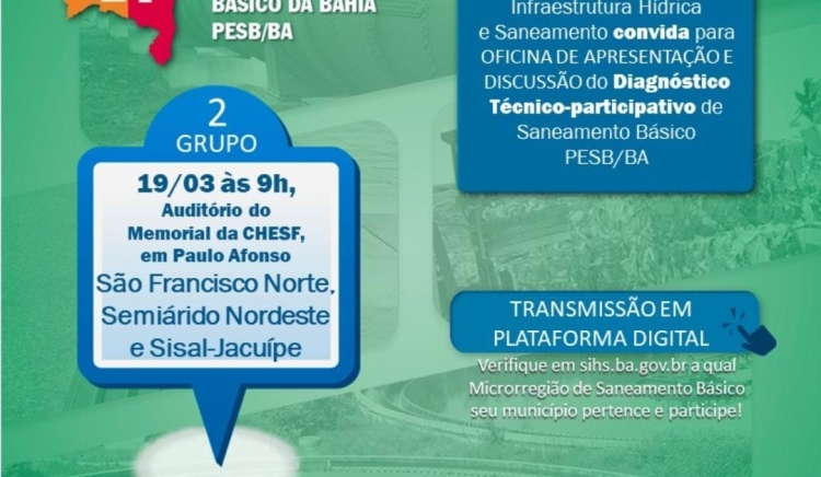 Consórcio Saneando a Bahia realiza oficina sobre diagnóstico técnico-participativo de Saneamento Básico no dia 19, no Memorial Chesf