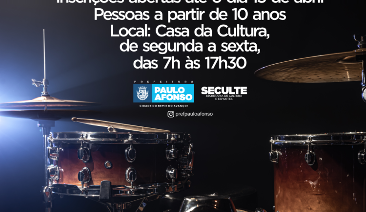 Seculte abre inscrições para oficina de bateria para pessoas a partir de 10 anos