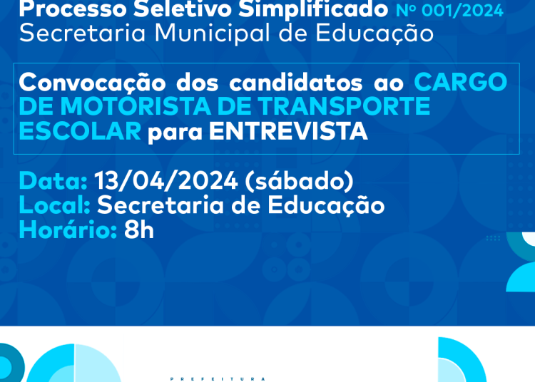 Seduc convoca candidatos do PSS para Motorista de Transporte Escolar para entrevista, que acontece no dia 13 de abril