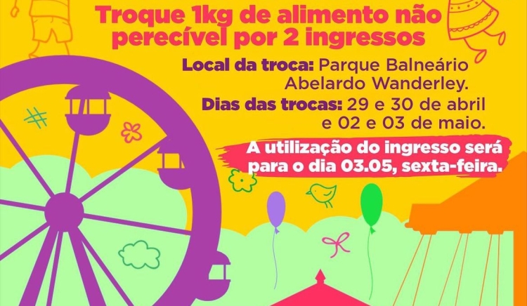 Campanha Diversão Solidária: troca alimentos por ingressos do Parque Lima será de 29 de abril a 3 de maio