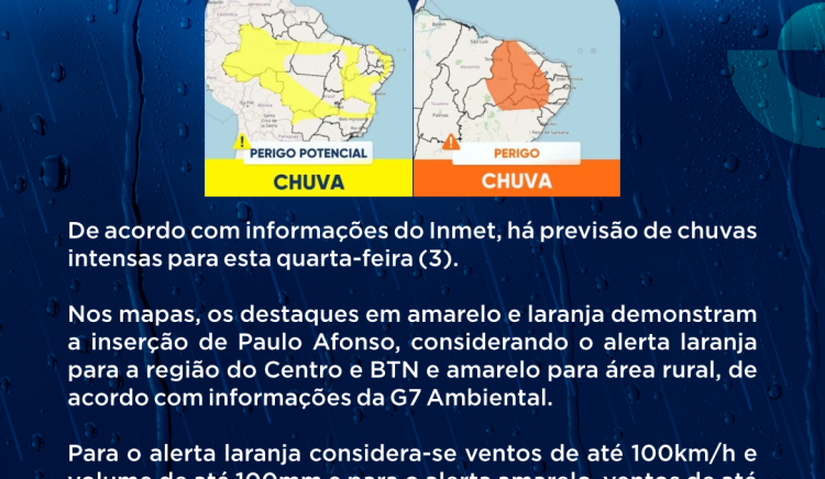 De acordo com informações do Inmet, há previsão de chuvas intensas para esta quarta-feira (3).