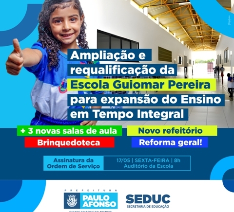Escola Guiomar Pereira terá investimento de R$ 1,7 milhão para ampliação e requalificação e OS será assinada nesta sexta (17)