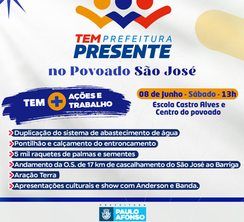 Programa Prefeitura Presente chega ao povoado São José neste sábado (8) com ações e entrega da duplicação do abastecimento de água