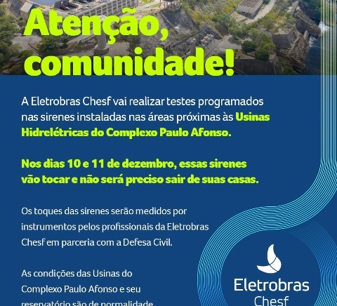 Eletrobras Chesf realiza testes de sirenes nesta terça-feira (10) e quarta-feira (11)