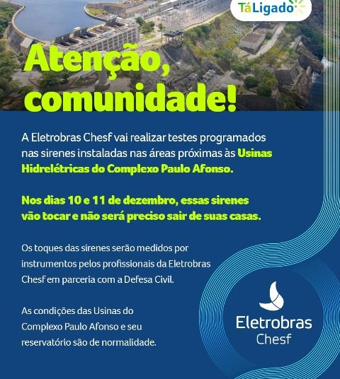Eletrobras Chesf realiza testes de sirenes nesta terça-feira (10) e quarta-feira (11)