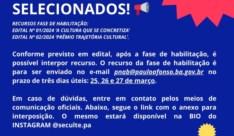 PREFEITURA MUNICIPAL DE PAULO AFONSO AVISO SOBRE OS EDITAIS DA POLÍTICA NACIONAL ALDIR BLANC (PNAB)