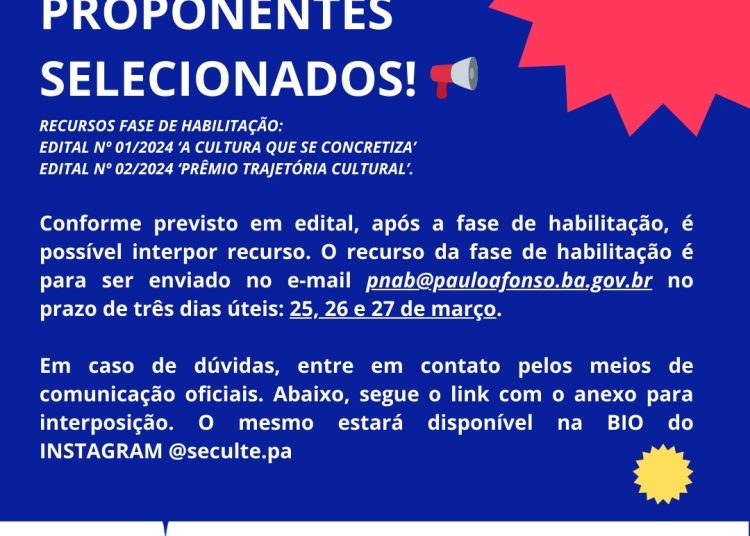 PREFEITURA MUNICIPAL DE PAULO AFONSO AVISO SOBRE OS EDITAIS DA POLÍTICA NACIONAL ALDIR BLANC (PNAB)
