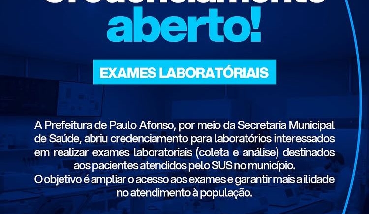 Prefeitura de Paulo Afonso abre credenciamento para laboratórios realizarem exames laboratoriais pelo SUS